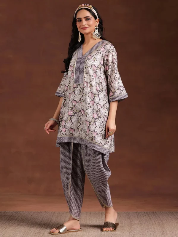 Women Grey Printed Silk Blend A-Line Kurta With Dhoti Pants - Image 6