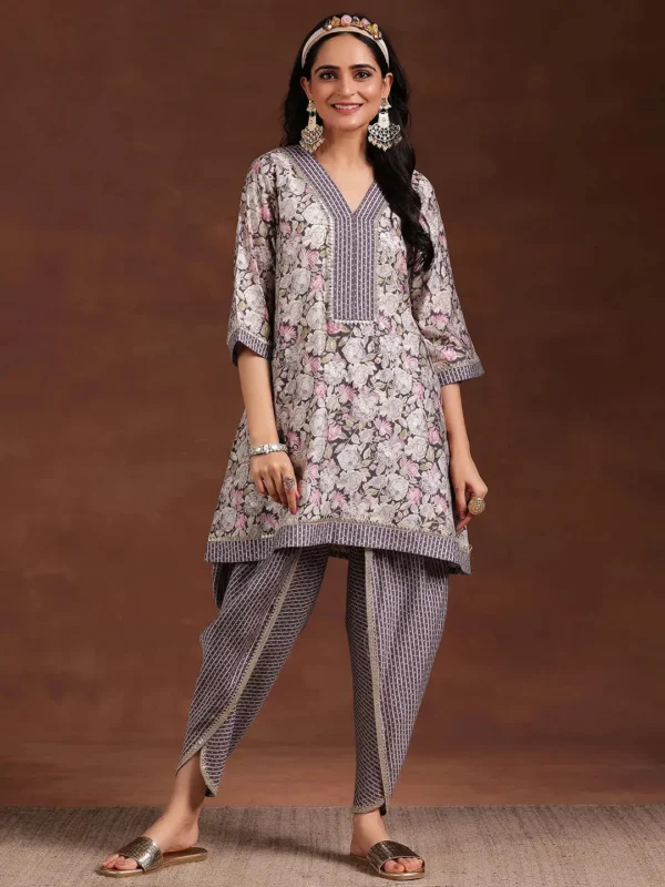 Women Grey Printed Silk Blend A-Line Kurta With Dhoti Pants
