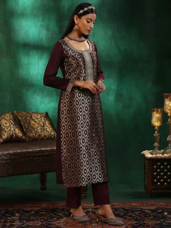 Women Wine Woven Design Silk Blend Straight Suit With Dupatta - Image 5