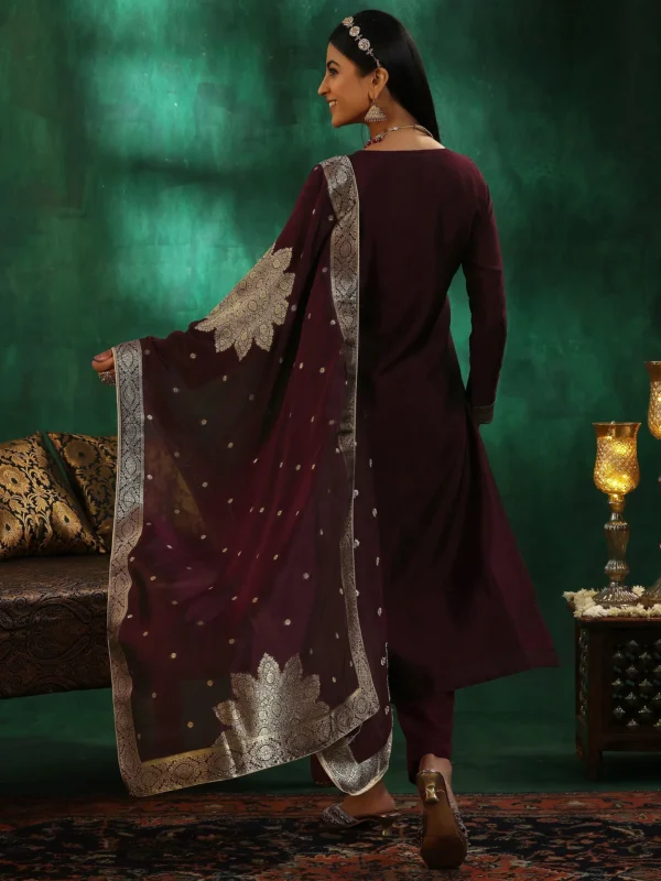 Women Wine Woven Design Silk Blend Straight Suit With Dupatta - Image 4