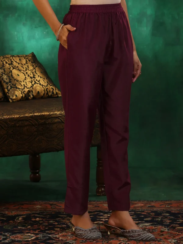 Women Wine Woven Design Silk Blend Straight Suit With Dupatta - Image 3