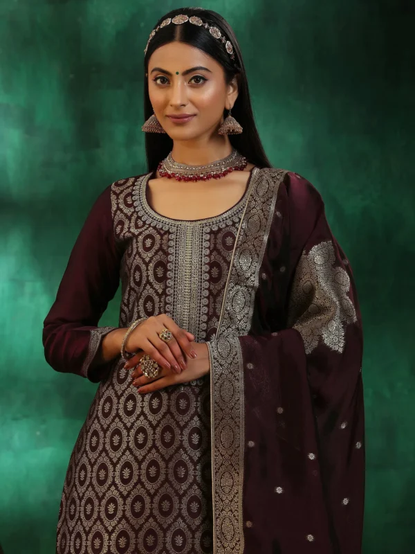 Women Wine Woven Design Silk Blend Straight Suit With Dupatta - Image 2