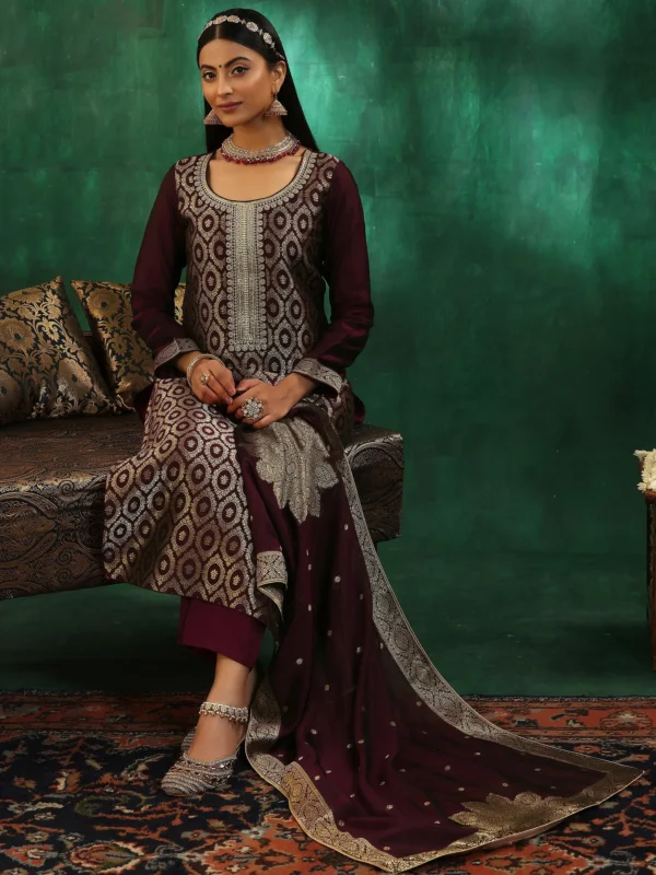Women Wine Woven Design Silk Blend Straight Suit With Dupatta - Image 7