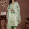 Women Green Printed Organza Straight Suit With Dupatta