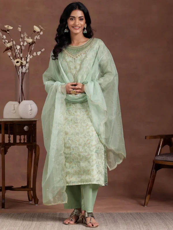 Women Green Printed Organza Straight Suit With Dupatta