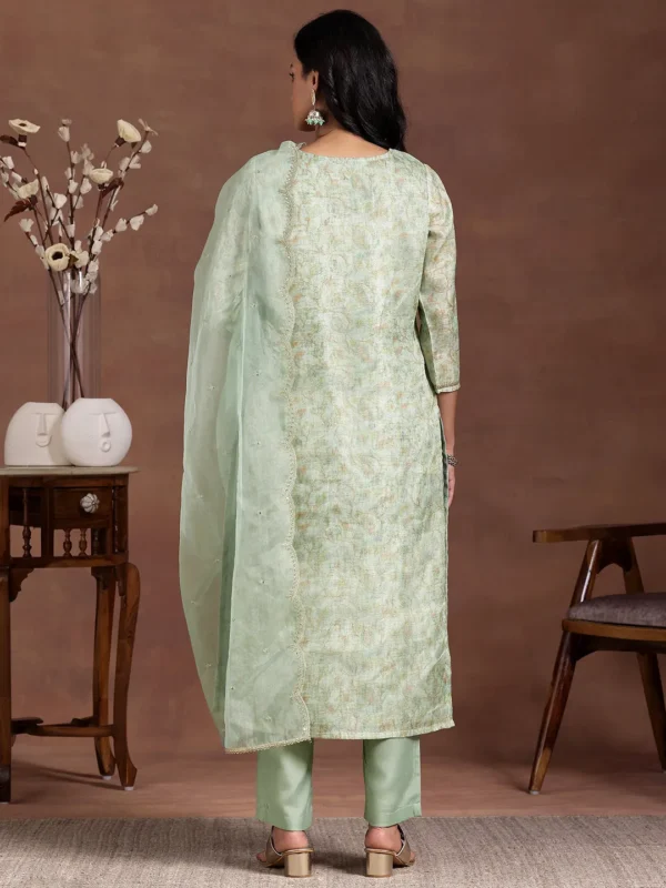 Women Green Printed Organza Straight Suit With Dupatta - Image 5