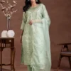 Women Green Printed Organza Straight Suit With Dupatta - Image 3