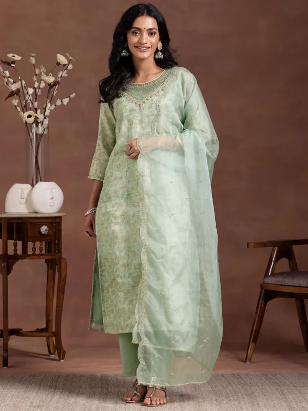 Women Green Printed Organza Straight Suit With Dupatta - Image 3