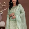 Women Green Printed Organza Straight Suit With Dupatta - Image 2