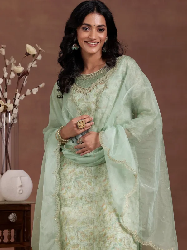 Women Green Printed Organza Straight Suit With Dupatta - Image 2