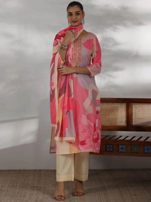 Women Cream Printed Cotton Blend Straight Suit With Dupatta