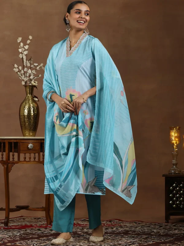 Women Turquoise Printed Cotton Blend Straight Suit With Dupatta