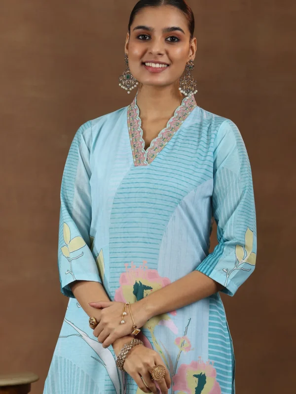 Women Turquoise Printed Cotton Blend Straight Suit With Dupatta - Image 2