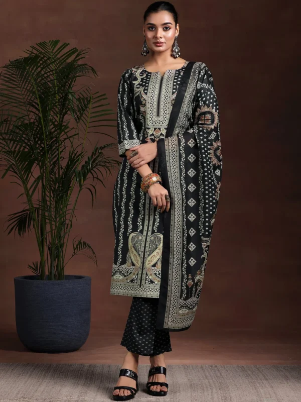 Women Black Printed Poly Crepe Straight Suit With Dupatta
