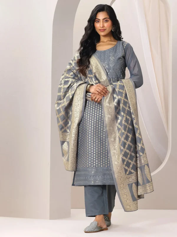 Women Grey Woven Design Chanderi Silk Straight Suit Set With Dupatta