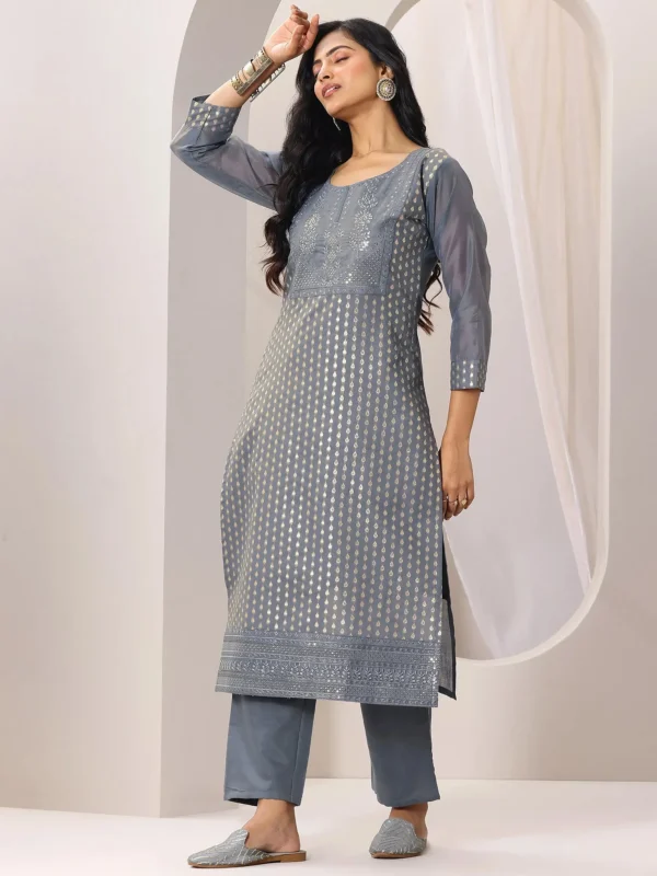 Women Grey Woven Design Chanderi Silk Straight Suit Set With Dupatta - Image 4