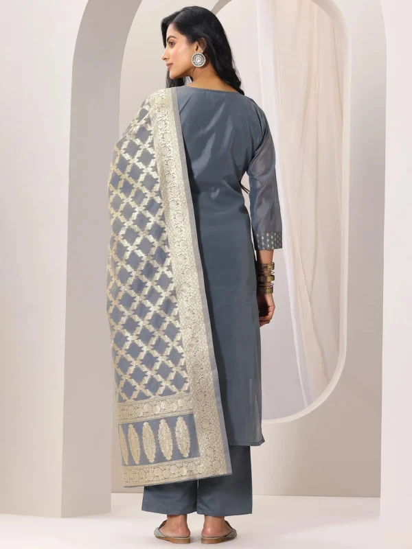 Women Grey Woven Design Chanderi Silk Straight Suit Set With Dupatta - Image 5