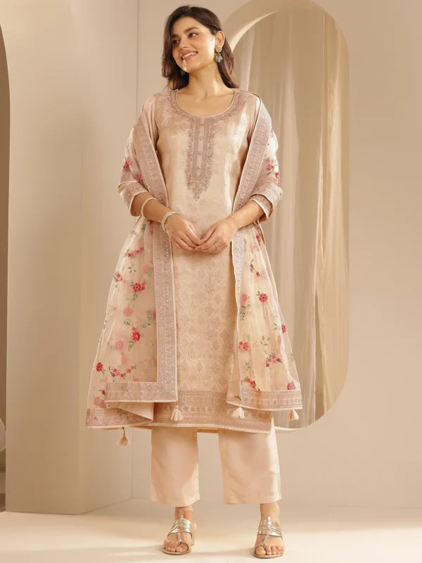 Women Taupe Woven Design Silk Blend Straight Suit Set With Dupatta